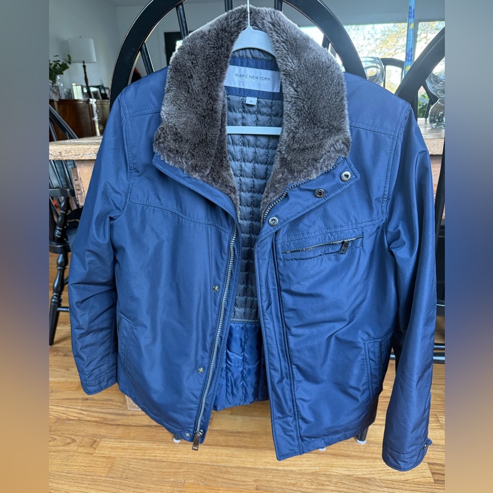 Marc New York Men's Blue Faux-Fur Collar Winter Jacket